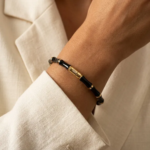 Luxury_Black_Onyx_Bamboo_Bracelet_For_Women_|_Gold-Tone_Stretch_Bangle_Jewelry