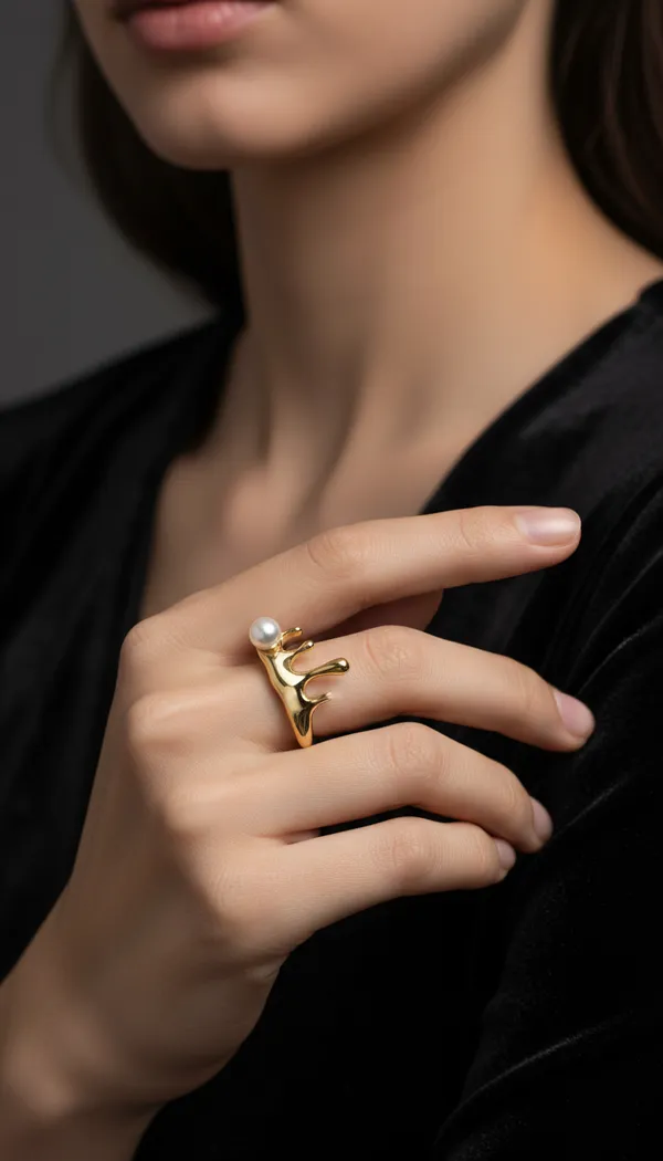 Artistic_Molten_Gold_&_Pearl_Drip_Ring_-_Free_Size