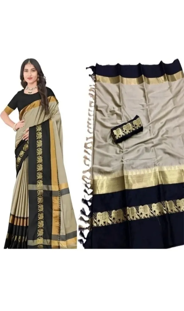 Beige_Black_Printed_Saree_With_Blouse_For_Women
