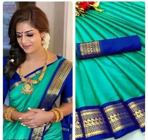 Turquoise_Woven_Traditional_Saree_With_Blouse_Piece_for_Women