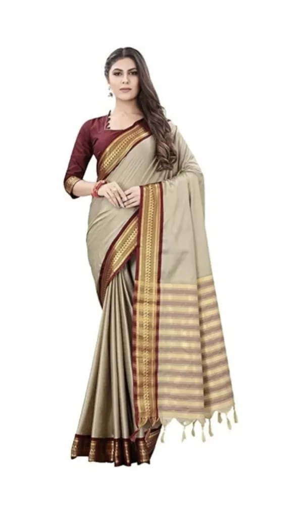 Beige_Maroon_Border_Saree_For_Women