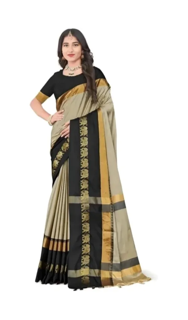Beige_Black_Printed_Saree_With_Blouse_For_Women