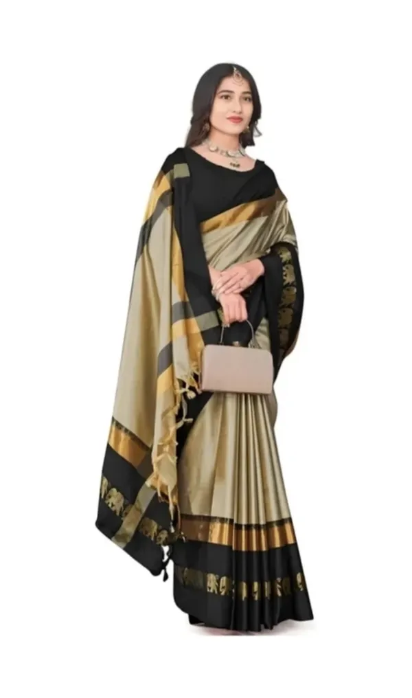 Beige_Black_Printed_Saree_With_Blouse_For_Women