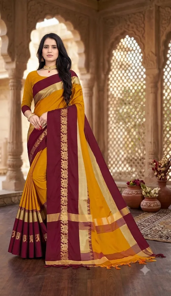 Mustard_Maroon_Cotton_Silk_Woven_Traditional_Saree_For_Women_Saree_under_999