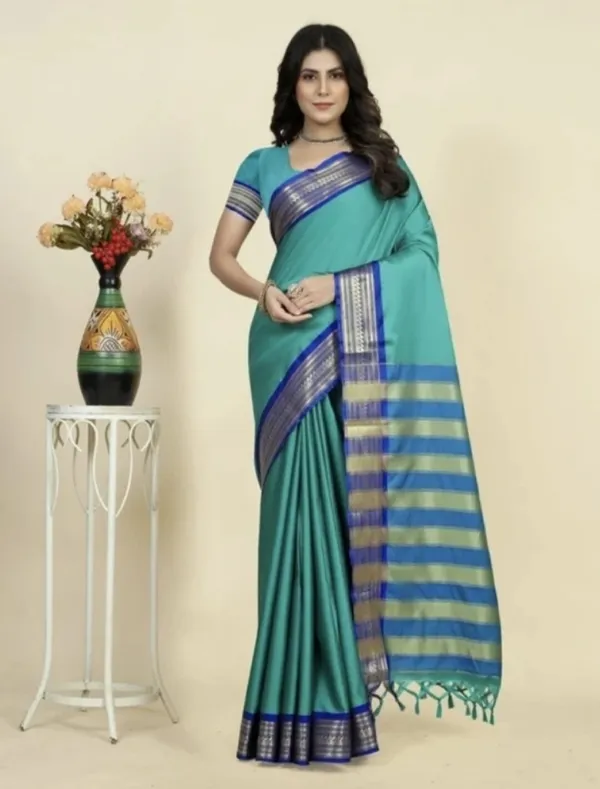 Turquoise_Woven_Striped_Saree_for_Women