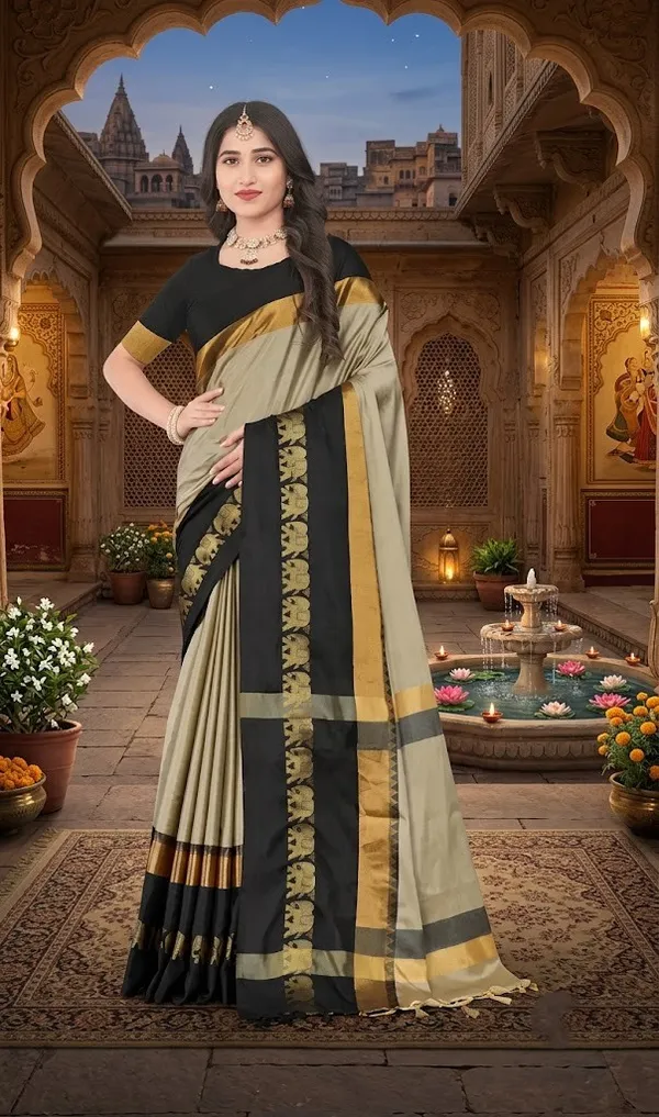 Beige_Black_Cotton_Silk_Floral_Printed_Saree_For_Women_Saree_under_999