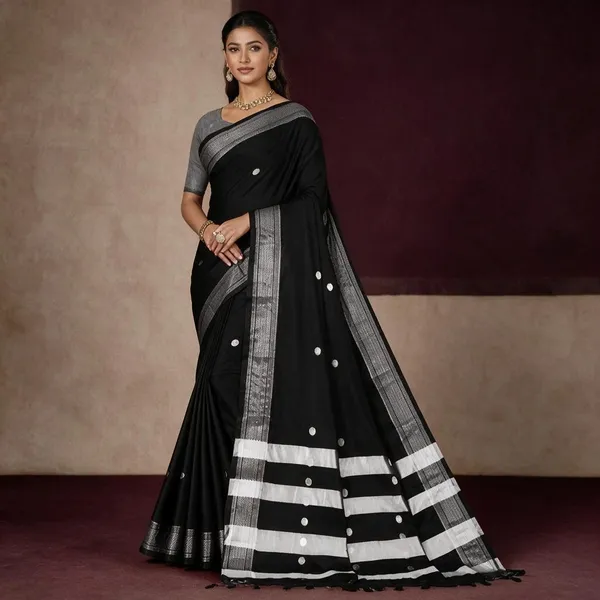 Black_Silver_Border_Cotton_Silk_Woven_Saree_For_Women_Saree_under_999