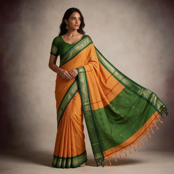 Orange_Green_Cotton_Silk_Ethnic_Traditional_Saree_For_Women_Saree_under_999
