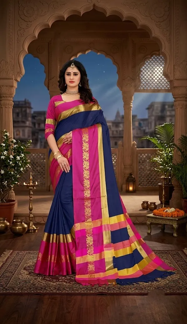 Navy_Blue_Pink_Cotton_Silk_Traditional_Saree_For_Women_Saree_under_999