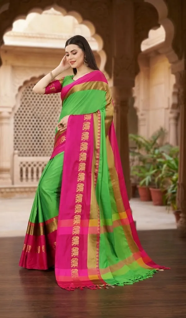Green_Pink_Cotton_Silk_Fitted_Saree_Blouse_For_Women_Saree_under_999
