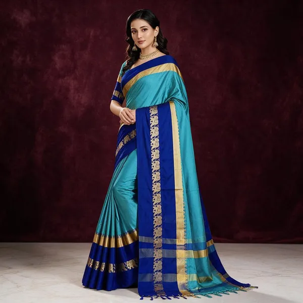 Turquoise_Blue_Cotton_Silk_Elephant_Border_Saree_For_Women_Saree_under_999