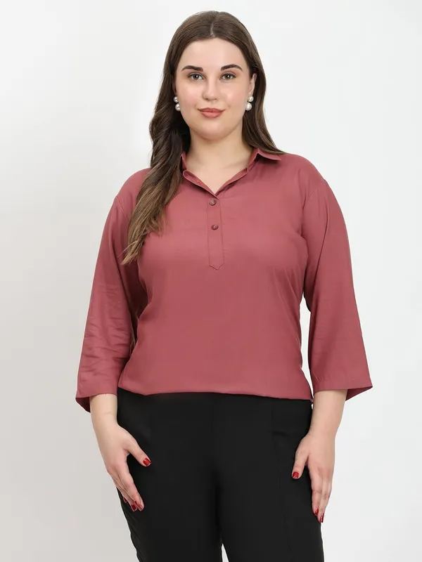 HIBELTS_Women_Solid_Shirt_Collar_Top_With_3_4th_Sleeves_Regular_Fit