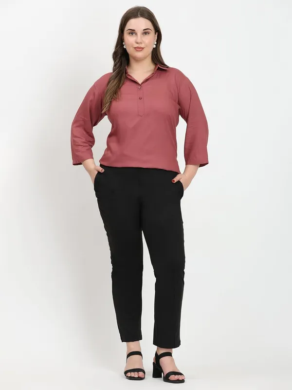 HIBELTS_Women_Solid_Shirt_Collar_Top_With_3_4th_Sleeves_Regular_Fit