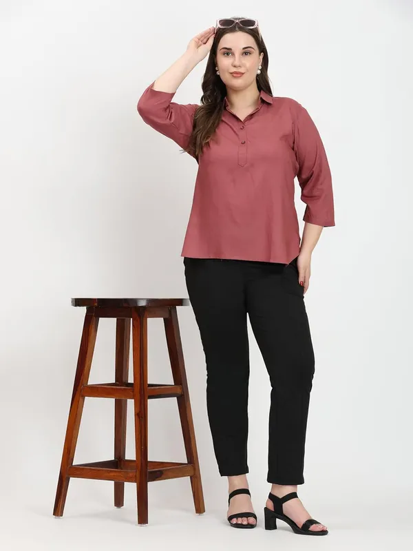 HIBELTS_Women_Solid_Shirt_Collar_Top_With_3_4th_Sleeves_Regular_Fit