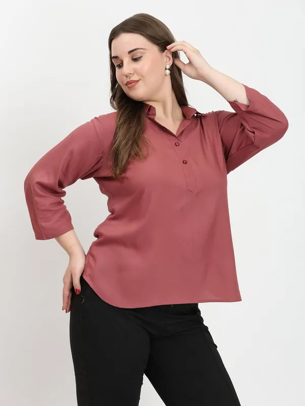 HIBELTS_Women_Solid_Shirt_Collar_Top_With_3_4th_Sleeves_Regular_Fit