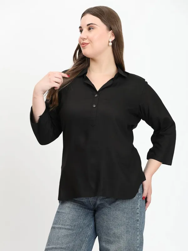 HIBELTS_Women_Solid_Shirt_Collar_Top_With_3_4th_Sleeves_Regular_Fit