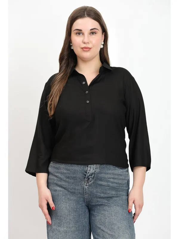 HIBELTS_Women_Solid_Shirt_Collar_Top_With_3_4th_Sleeves_Regular_Fit