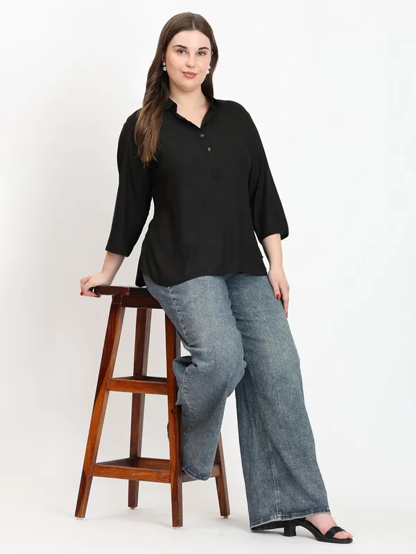 HIBELTS_Women_Solid_Shirt_Collar_Top_With_3_4th_Sleeves_Regular_Fit