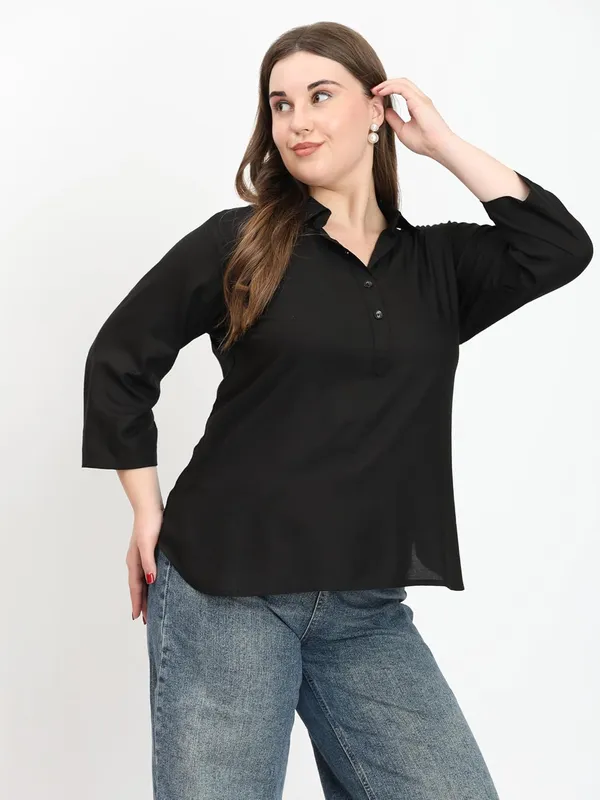 HIBELTS_Women_Solid_Shirt_Collar_Top_With_3_4th_Sleeves_Regular_Fit