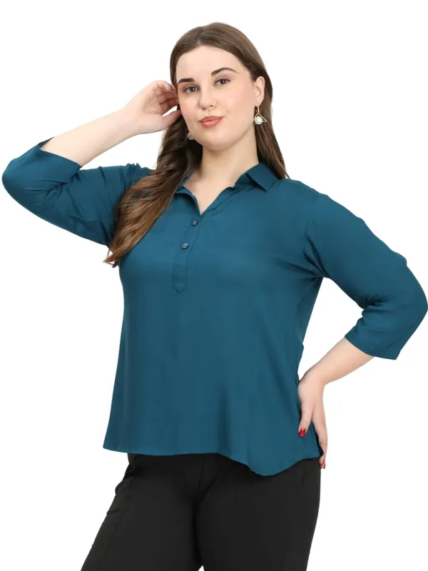 HIBELTS_Women_Solid_Shirt_Collar_Top_With_3_4th_Sleeves_Regular_Fit