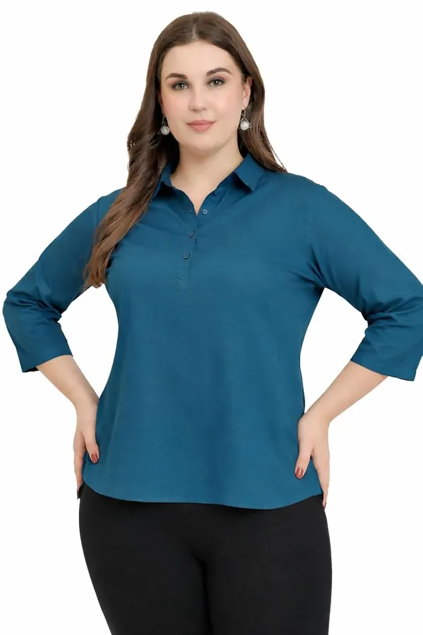 HIBELTS_Women_Solid_Shirt_Collar_Top_With_3_4th_Sleeves_Regular_Fit