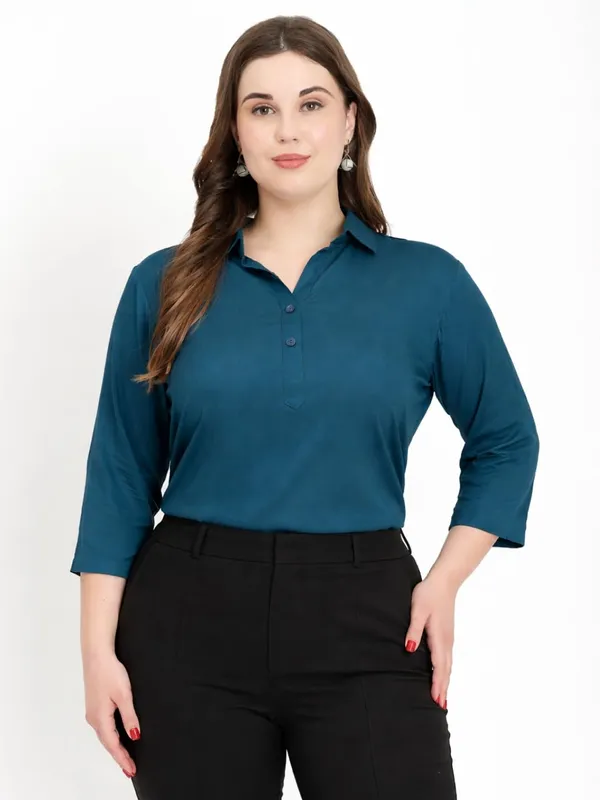 HIBELTS_Women_Solid_Shirt_Collar_Top_With_3_4th_Sleeves_Regular_Fit