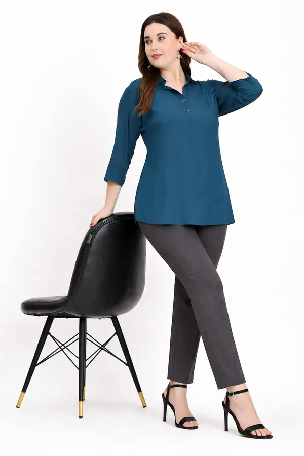 HIBELTS_Women_Solid_Shirt_Collar_Top_With_3_4th_Sleeves_Regular_Fit