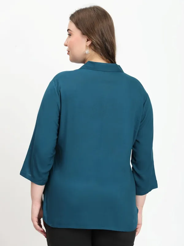 HIBELTS_Women_Solid_Shirt_Collar_Top_With_3_4th_Sleeves_Regular_Fit