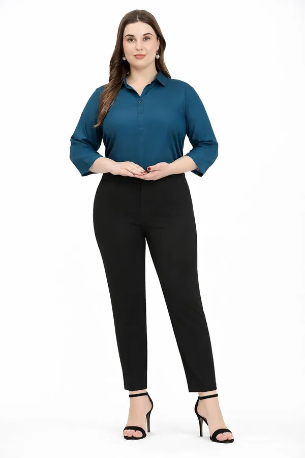 HIBELTS_Women_Solid_Shirt_Collar_Top_With_3_4th_Sleeves_Regular_Fit