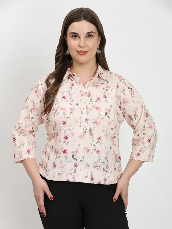 HIBELTS_Women_Solid_Shirt_Collar_Top_With_3_4th_Sleeves_Regular_Fit