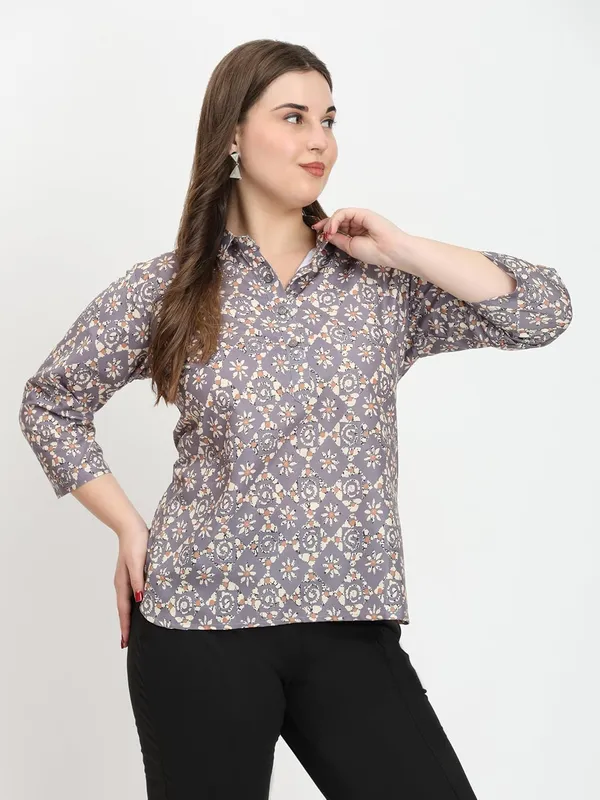 HIBELTS_Women_Solid_Shirt_Collar_Top_With_3_4th_Sleeves_Regular_Fit