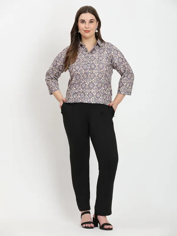 HIBELTS_Women_Solid_Shirt_Collar_Top_With_3_4th_Sleeves_Regular_Fit