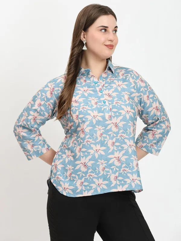 HIBELTS_Women_Solid_Shirt_Collar_Top_With_3_4th_Sleeves_Regular_Fit