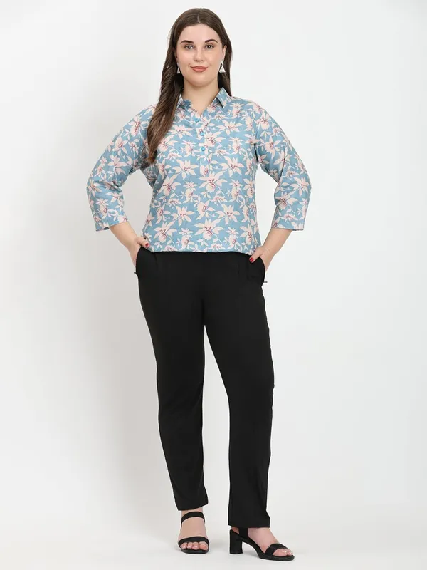 HIBELTS_Women_Solid_Shirt_Collar_Top_With_3_4th_Sleeves_Regular_Fit