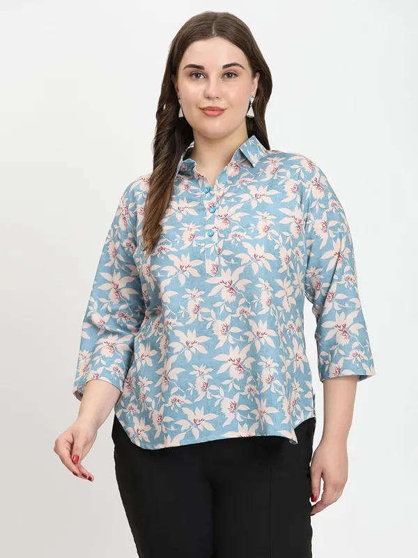 HIBELTS_Women_Solid_Shirt_Collar_Top_With_3_4th_Sleeves_Regular_Fit