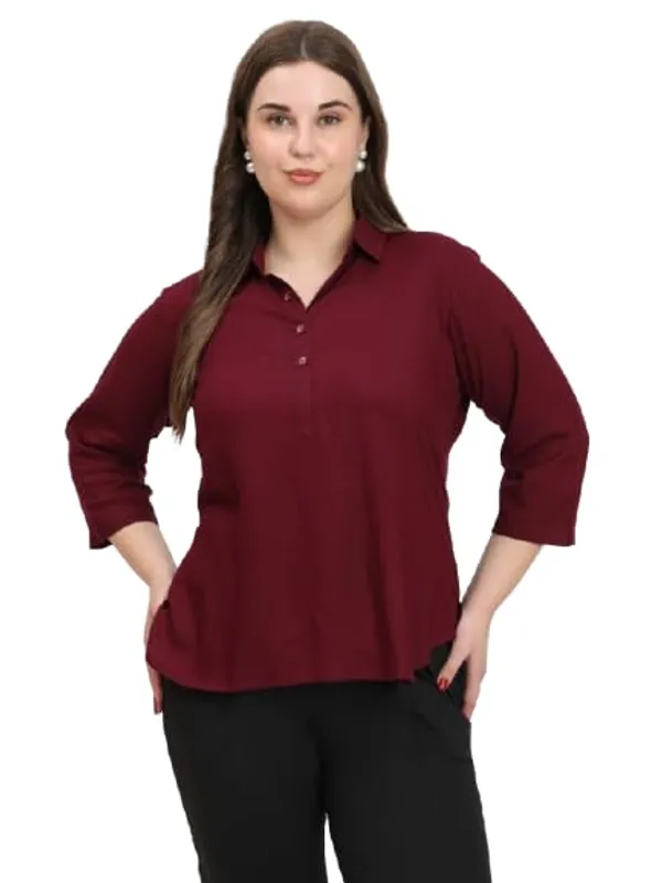 HIBELTS_Women_Solid_Shirt_Collar_Top_With_3_4th_Sleeves_Regular_Fit