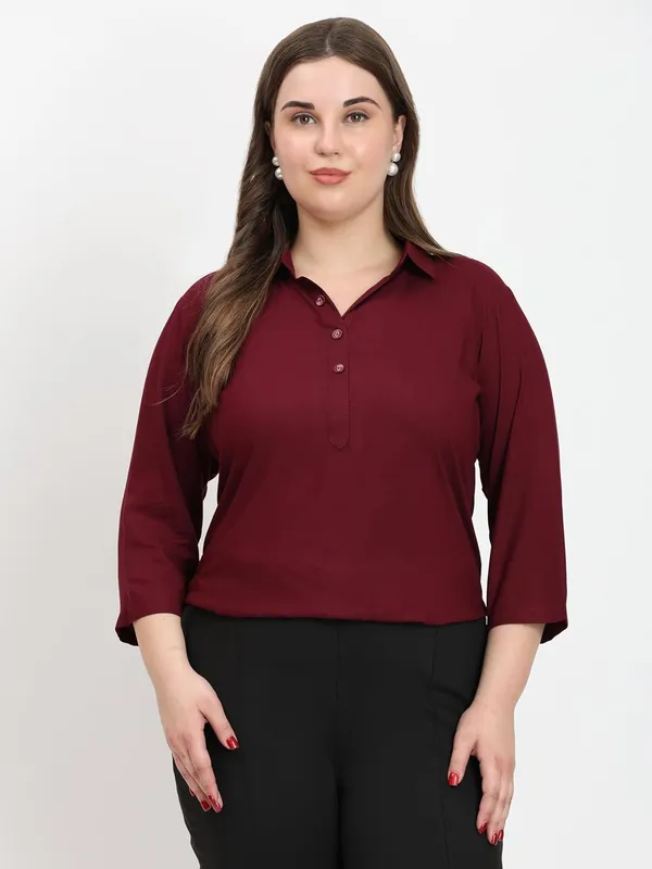 HIBELTS_Women_Solid_Shirt_Collar_Top_With_3_4th_Sleeves_Regular_Fit
