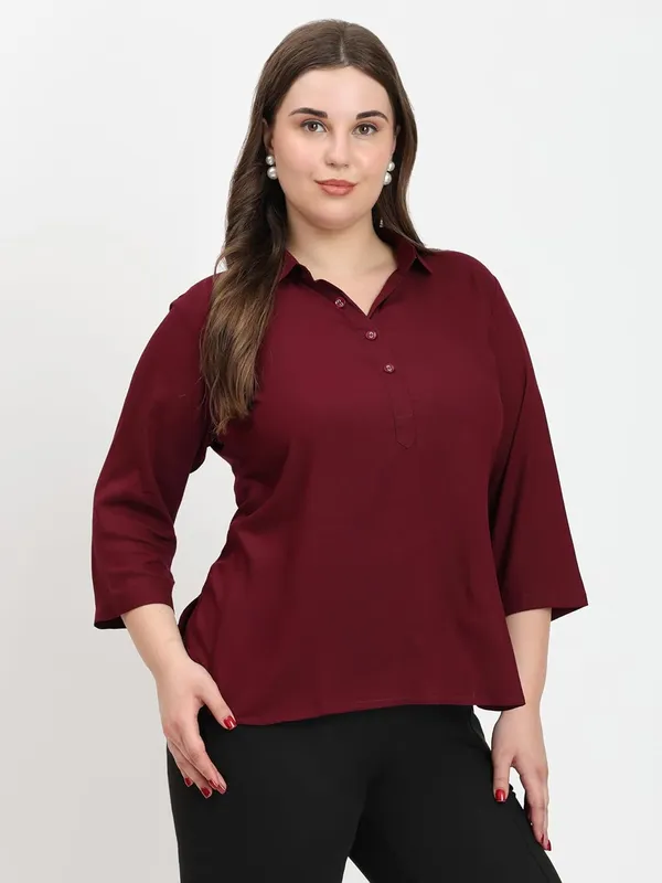 HIBELTS_Women_Solid_Shirt_Collar_Top_With_3_4th_Sleeves_Regular_Fit