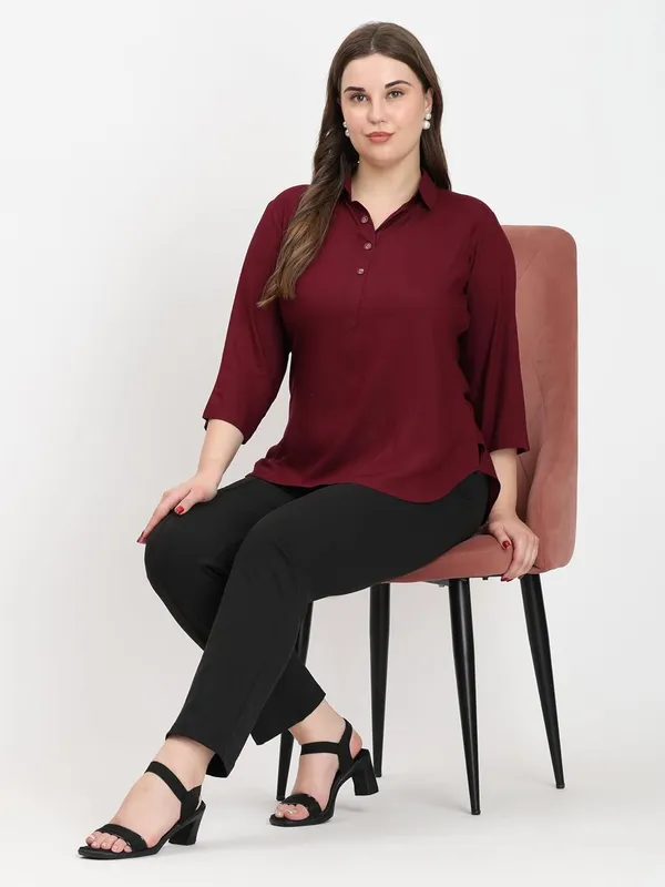 HIBELTS_Women_Solid_Shirt_Collar_Top_With_3_4th_Sleeves_Regular_Fit
