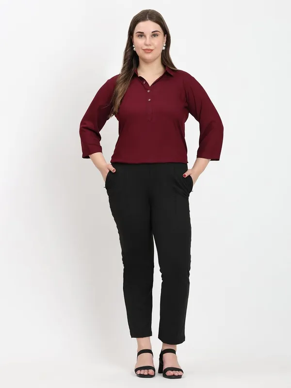 HIBELTS_Women_Solid_Shirt_Collar_Top_With_3_4th_Sleeves_Regular_Fit