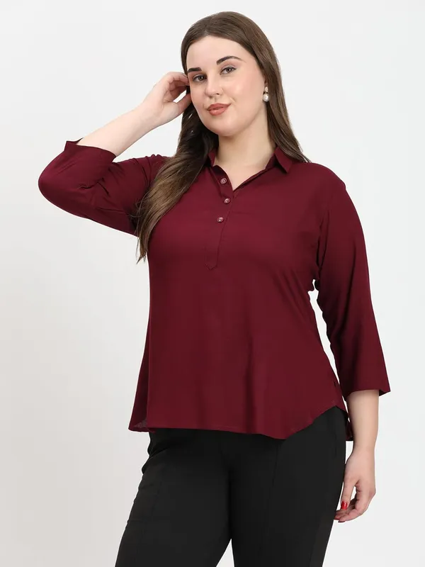 HIBELTS_Women_Solid_Shirt_Collar_Top_With_3_4th_Sleeves_Regular_Fit