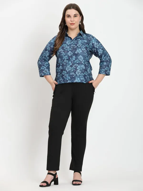 HIBELTS_Women_Solid_Shirt_Collar_Top_With_3_4th_Sleeves_Regular_Fit