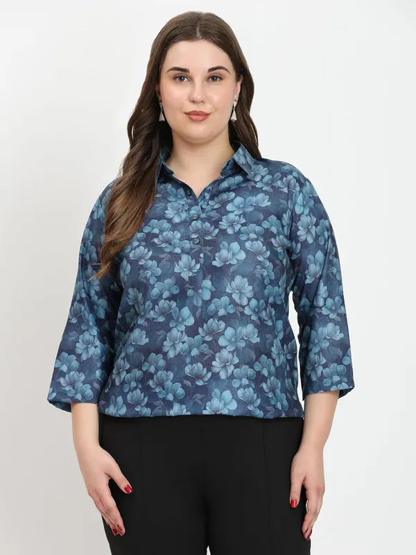 HIBELTS_Women_Solid_Shirt_Collar_Top_With_3_4th_Sleeves_Regular_Fit