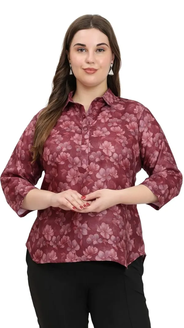 HIBELTS_Women_Solid_Shirt_Collar_Top_With_3_4th_Sleeves_Regular_Fit