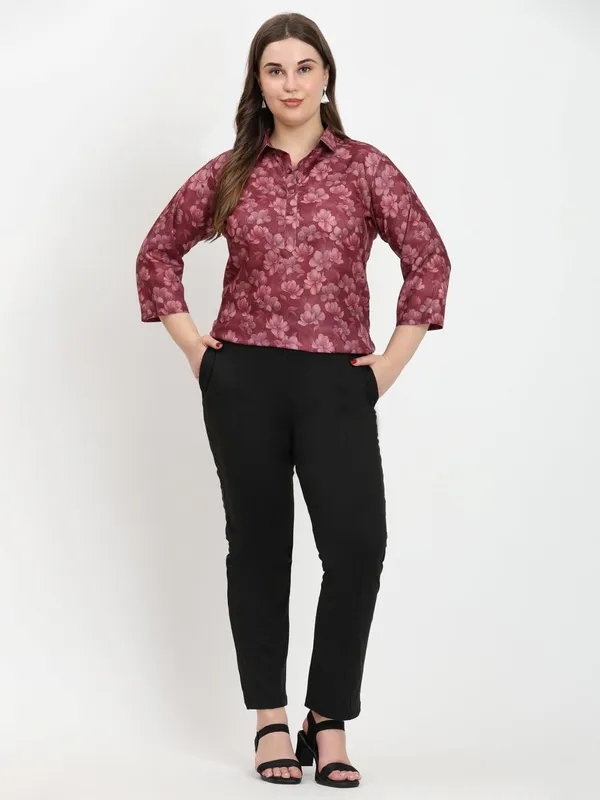 HIBELTS_Women_Solid_Shirt_Collar_Top_With_3_4th_Sleeves_Regular_Fit