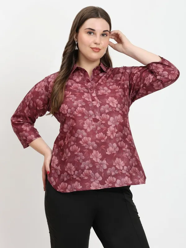HIBELTS_Women_Solid_Shirt_Collar_Top_With_3_4th_Sleeves_Regular_Fit