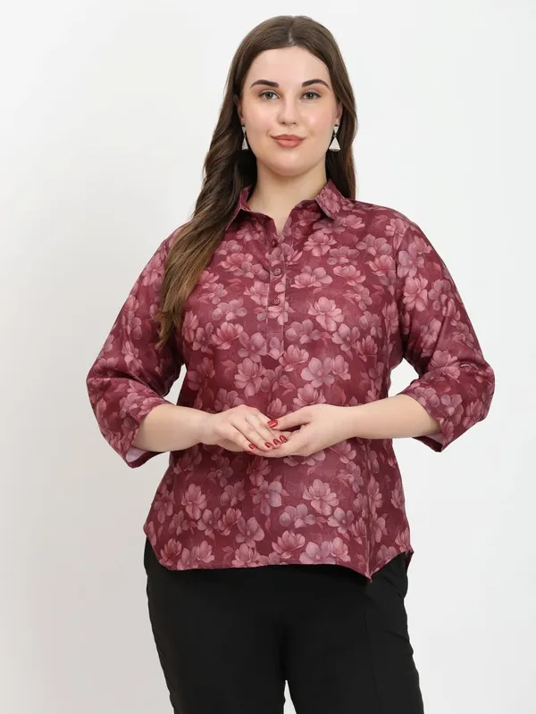 HIBELTS_Women_Solid_Shirt_Collar_Top_With_3_4th_Sleeves_Regular_Fit