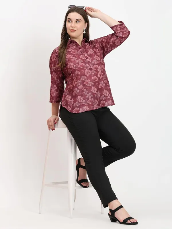 HIBELTS_Women_Solid_Shirt_Collar_Top_With_3_4th_Sleeves_Regular_Fit