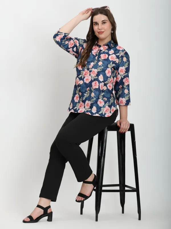 HIBELTS_Women_Solid_Shirt_Collar_Top_With_3_4th_Sleeves_Regular_Fit