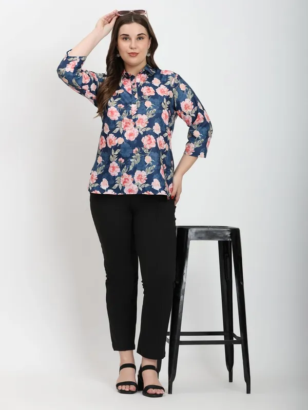 HIBELTS_Women_Solid_Shirt_Collar_Top_With_3_4th_Sleeves_Regular_Fit